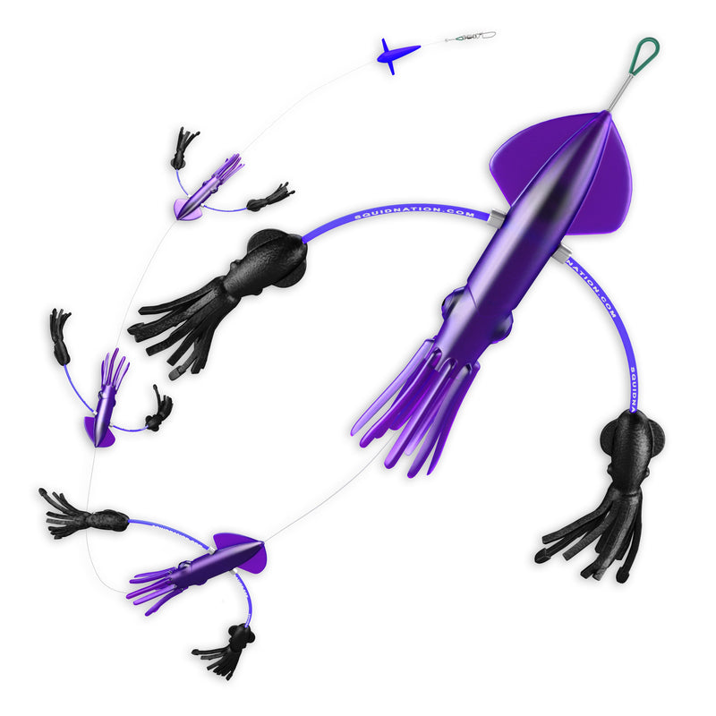 Purple body, fins, eyes, and tentacles squid set. There are four large squid with a purple bent wire going across the center of the body with a small black squid on either end. At the end of the metal wire they are joined by is a small weight with the same color scheme.