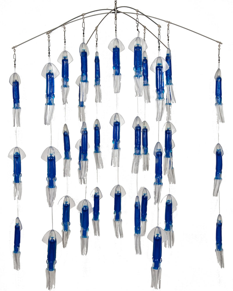 Six stainless steel arms each have three blue squid with transluscent heads and tentacles. Three sets per arm from tip of the arm, center, and near center.