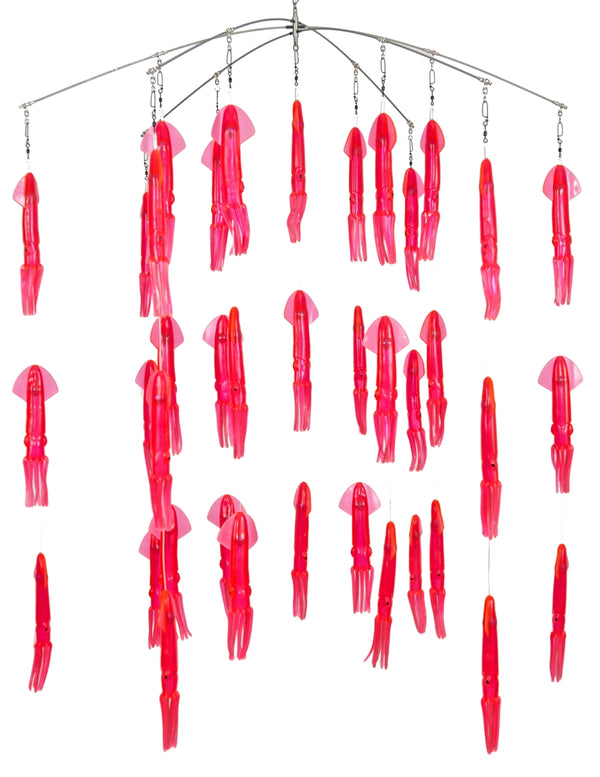 Six stainless steel arms each have three pink squid with transluscent wings. Three sets per arm from tip of the arm, center, and near center.