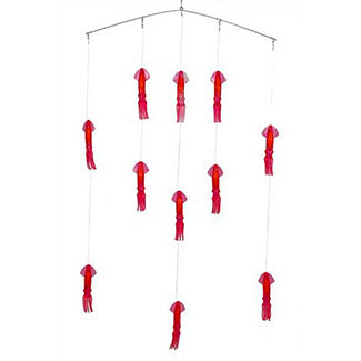 One stainless steel arm with five hanging chains. The center chain has three pink squid and the outside chains contain two.