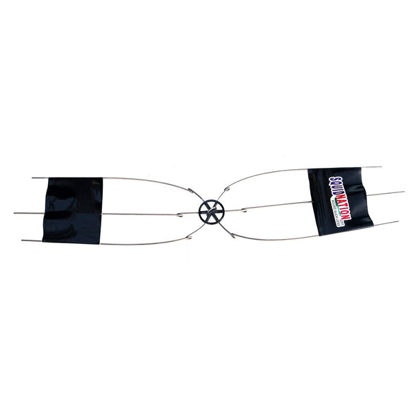 Six-prong tension bar with a black sheathe on either side to keep them restrained. One of the sheathes shows the Squidnation logo.