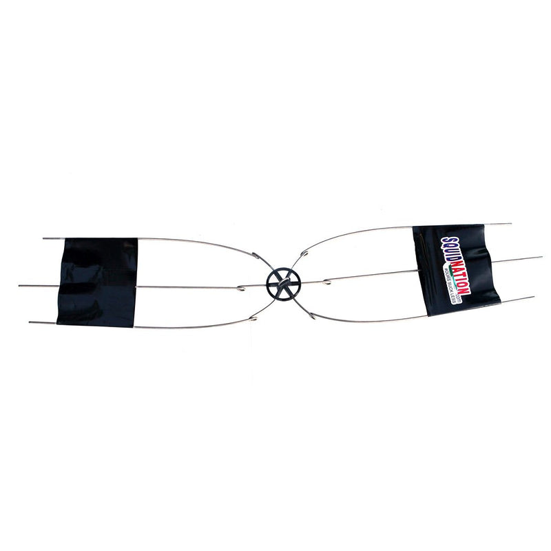 Six-prong tension bar with a black sheathe on either side to keep them restrained. One of the sheathes shows the Squidnation logo.
