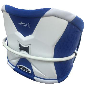 Blue and white rear of brace.