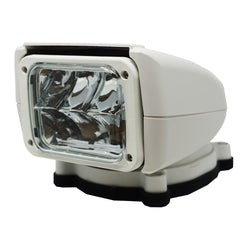 Rectangular light with stout white casing on mount base.