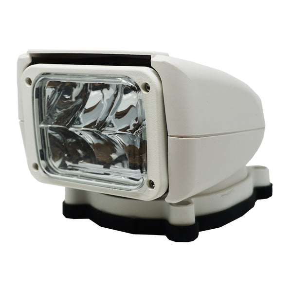 Rectangular light with stout white casing on mount base.