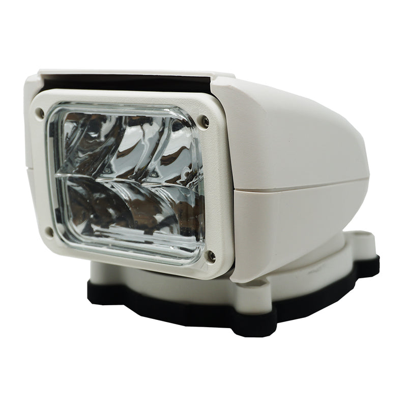 Rectangular light with stout white casing on mount base.