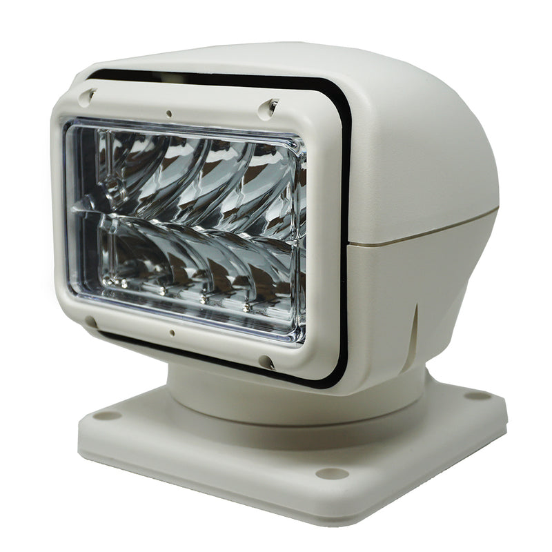 Rectangular light with rounded white casing on mount base.