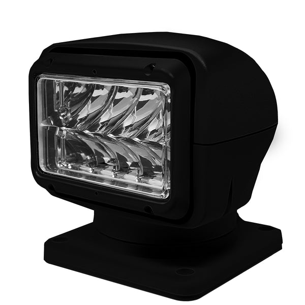 Rectangular light with rounded black casing on mount base.