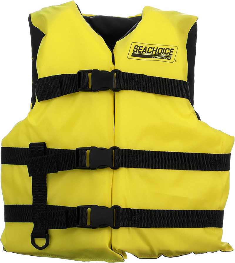Yellow life jacket with black belts