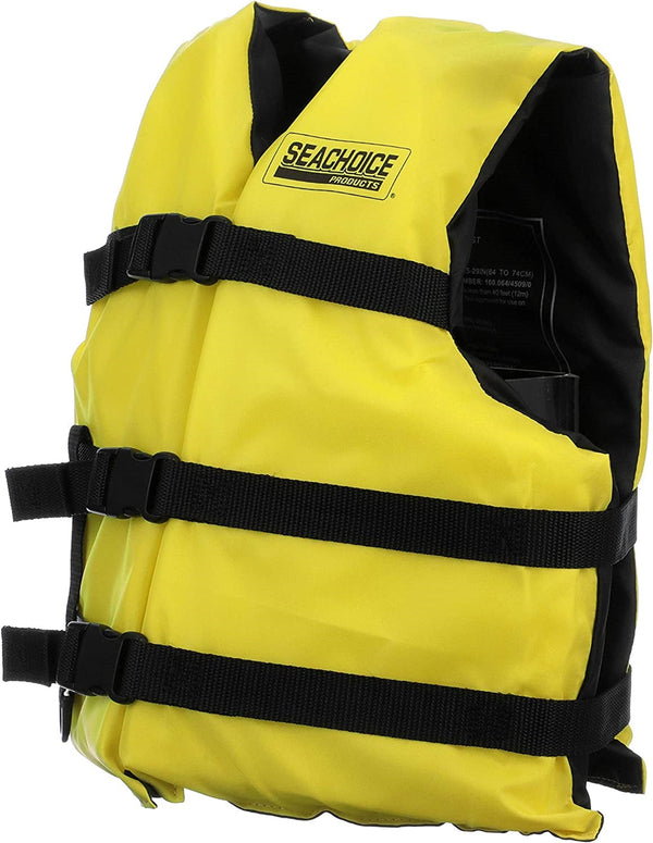 Yellow life jacket with black straps
