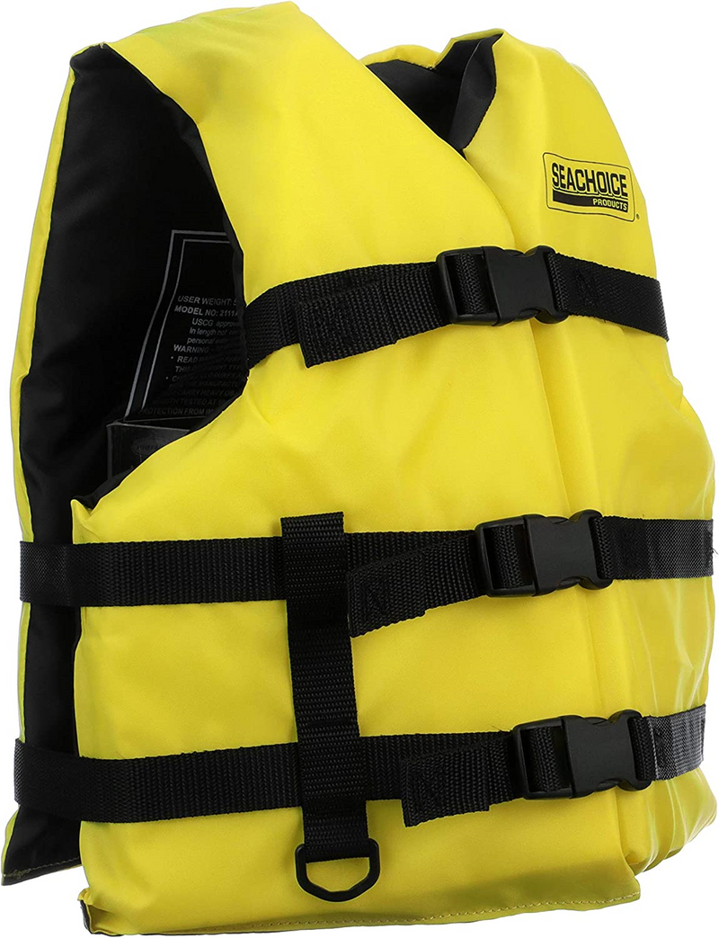 Yellow life jacket with black straps