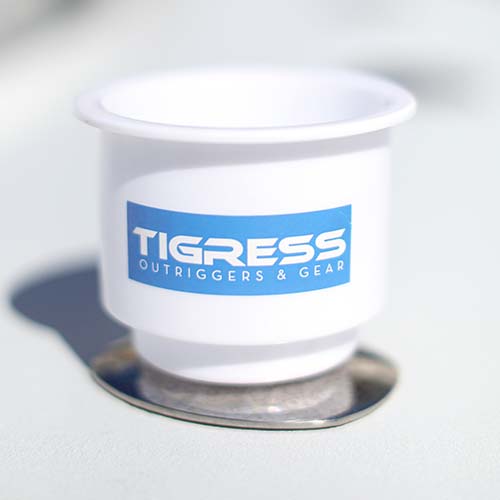 Tigress cup holder in rod holder, white cup holder with blue Tigress logo