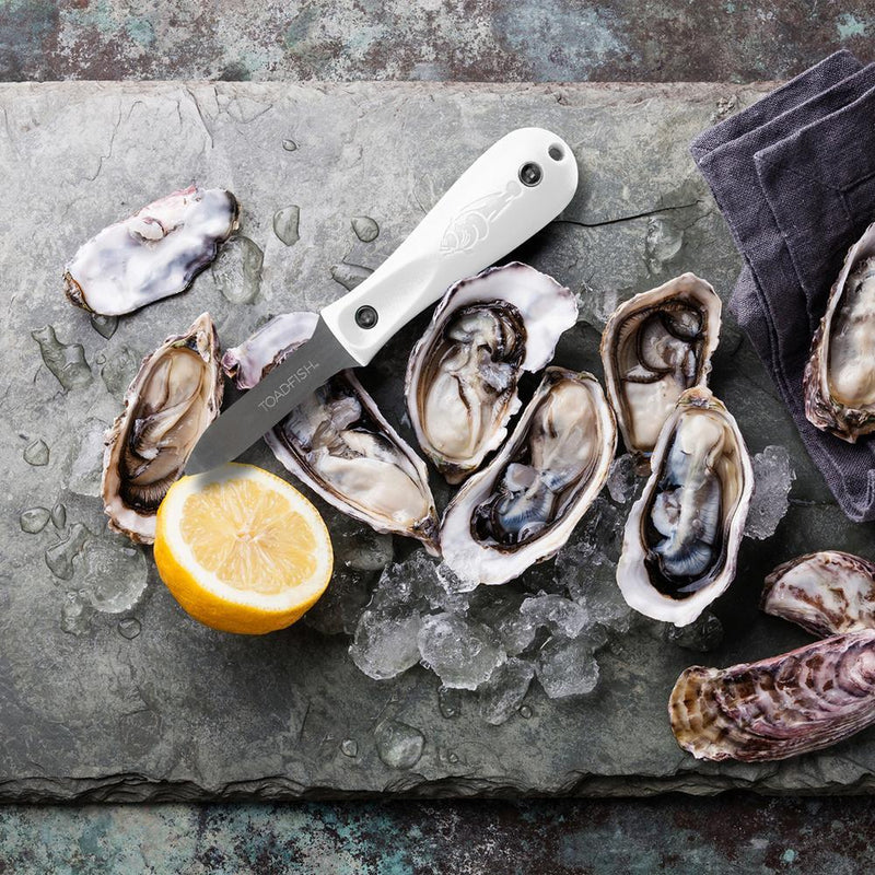 Lifestyle image of knife with oysters, ice, and a lemon