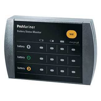 Small black and grey battery monitor with white lights