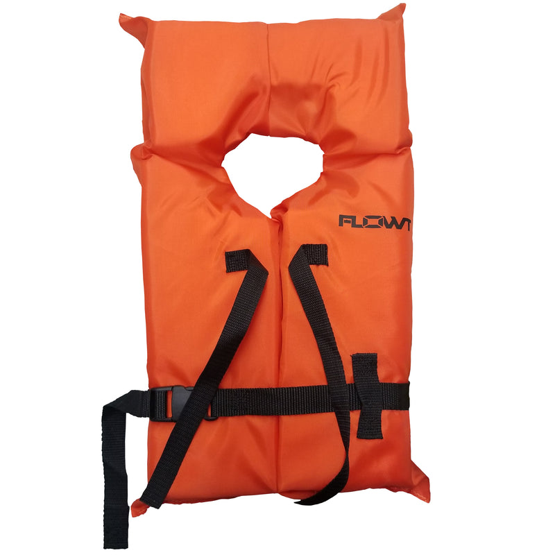 Orange shaftey vest; rectangle in shape with circular cutting for head. Black straps along high and low chest area.