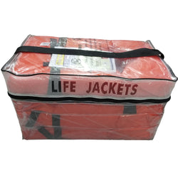 Four orange jackets in a clear bag with black cloth handle and black zipper.