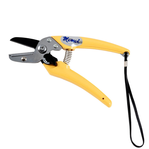 Momoi teflon coated mono cutter with yellow grips and black lanyard attached