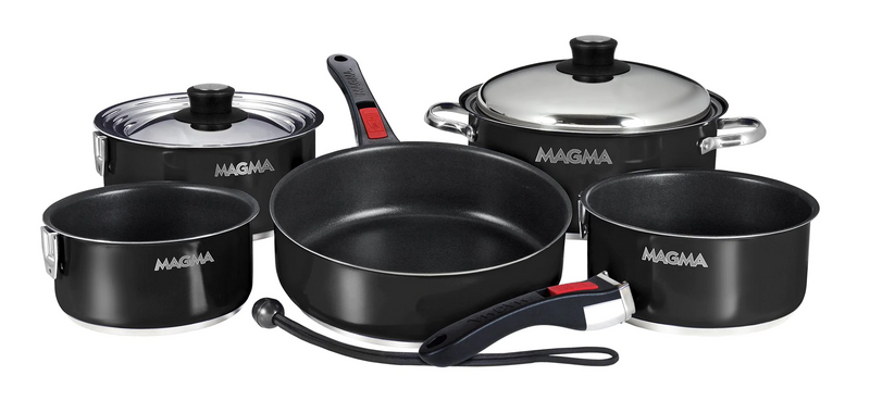 all black stainless steel pots and pans with white text