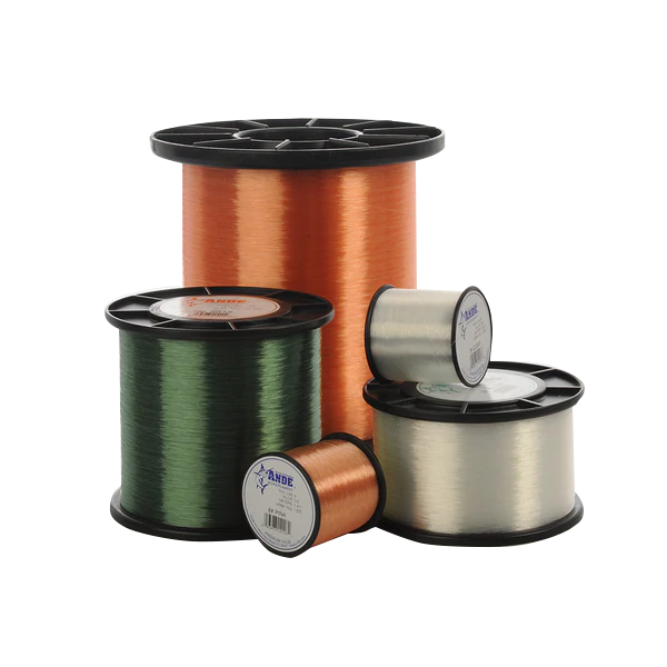 ANDE Premium monofilament group - clear, pink, and green spools in various sizes