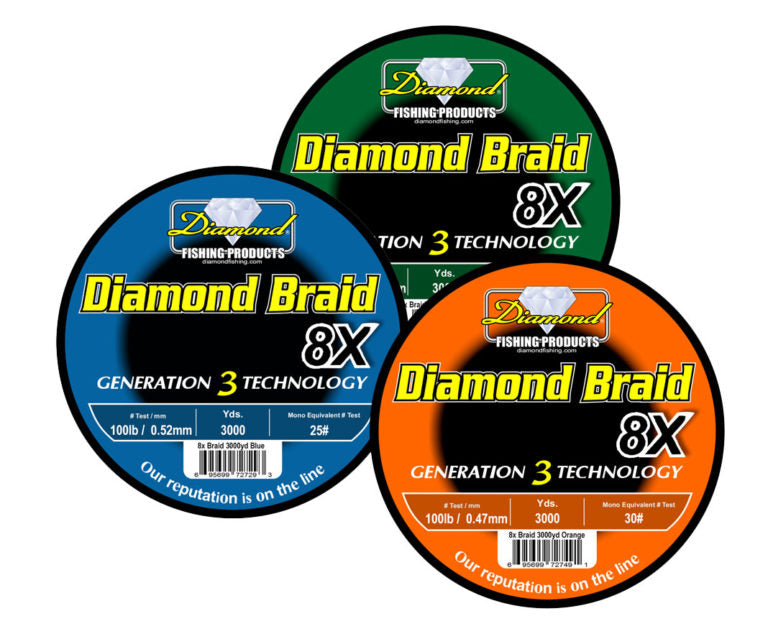 Diamond Braid 8X Generation 3 Technology - Blue, Green, and Orange labels