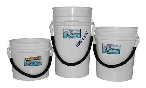 three white buckets with black handles