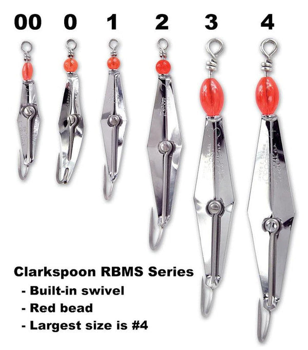 image showing various sizes of the Clarkspoon RBMS series Chrome spoon with red bead and stainless steel hook