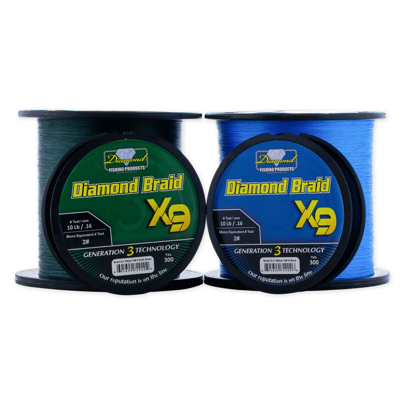 Diamond Braid X9 Generation 3 - Dark Green and Blue spools of 300 yards and 3000 yards