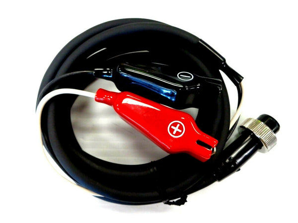 Daiwa power cord coiled up with red positive and black negative clips