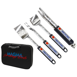 Sainless steel grilling set with black handles with blue text and red button.