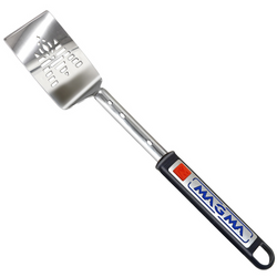 Stainless steel spatula with black handle and red and blue text
