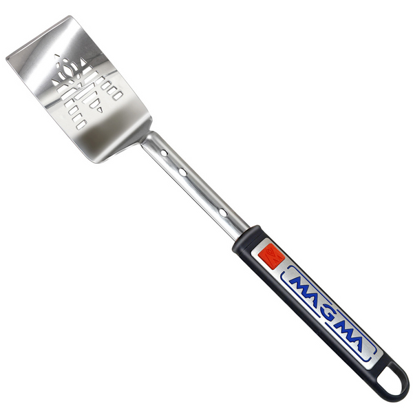 Stainless steel spatula with black handle and red and blue text