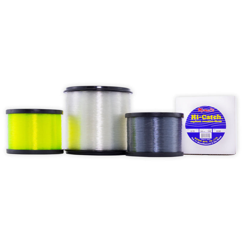 Momoi's Hi-Catch nylon mono line Yellow, Clear, and Smoke Blue