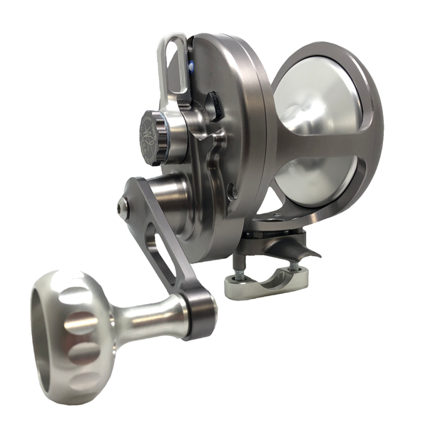 Seigler OS Offshore Small fishing reel angled view with Smoke and silver color