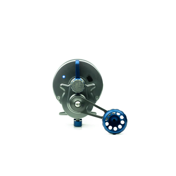 side view showing handle and Seigler logo on reel with blue accents