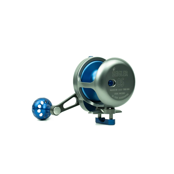 Angled view of Seigler OS Smoke and Blue reel