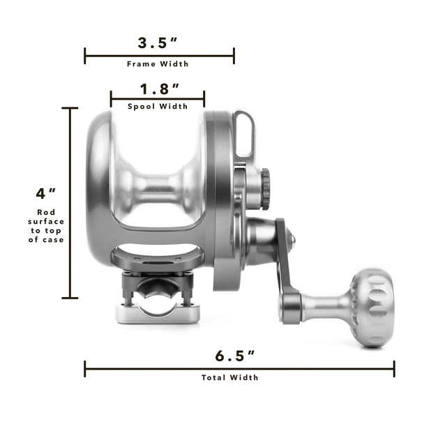 Seigler OS Smoke and Silver reel showing dimensions