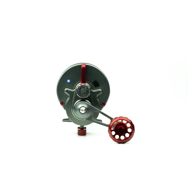 side view showing handle and Seigler logo on reel with red accents