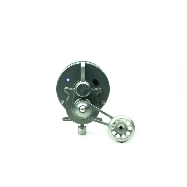 side view showing handle and Seigler logo on reel with silver accents