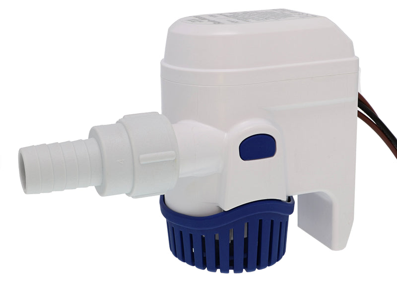 Rule-Mate Bilge Pump RM500B side angled view blue and white product