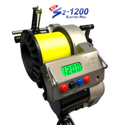 S2-1200 Electric Reel with display, four buttons (red, black, blue, red). Shown with yellow line spooled.