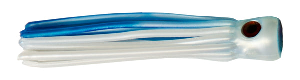 Royal blue and white with transluscent red eye in a stubby-cylindrical head