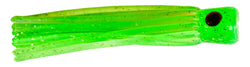 Neon green with transluscent red eye in a stubby-cylindrical head