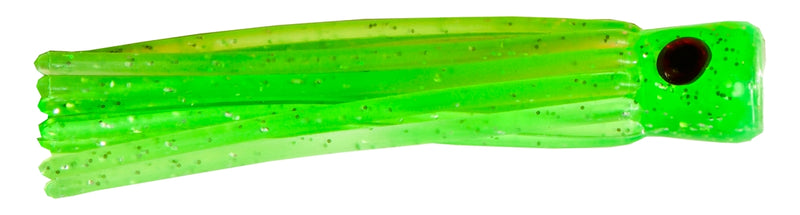 Neon green with transluscent red eye in a stubby-cylindrical head