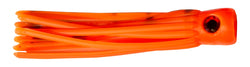 Neon orange with black speckles and a transluscent red eye in a stubby-cylindrical head