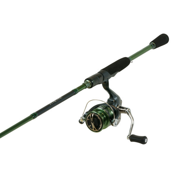 Symetre spinning combo close-up of green reel and rod grip