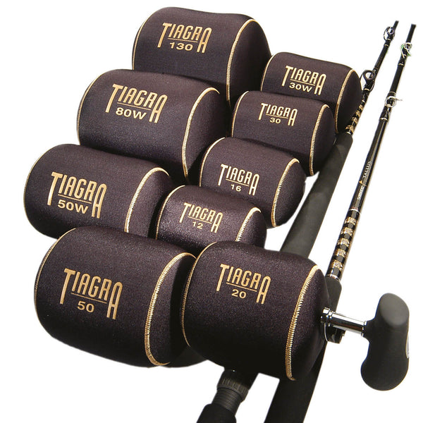 Tiagra reel covers with gold logo and shiny black fabric 