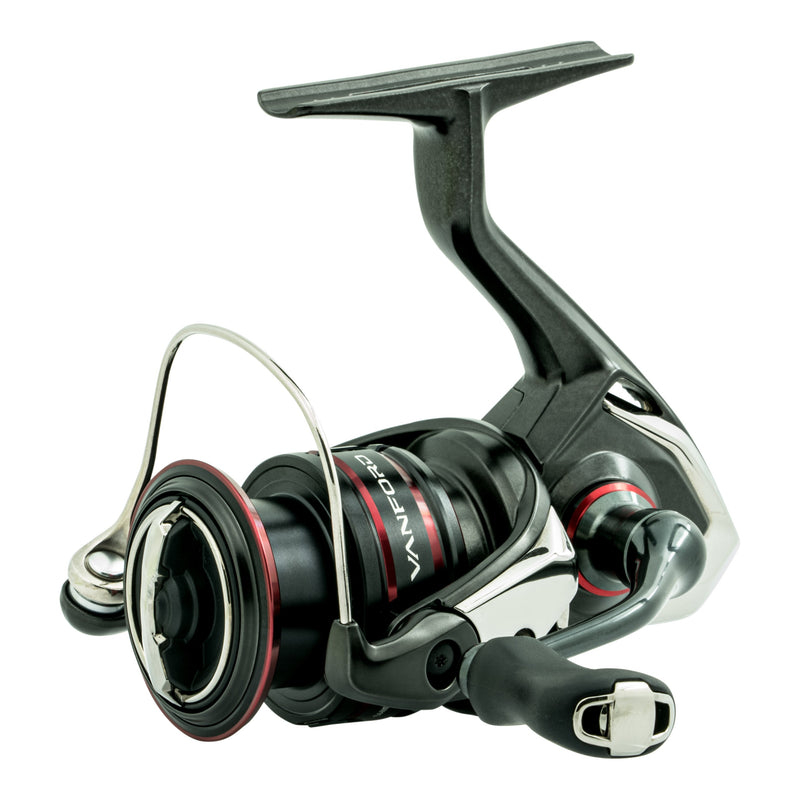 Angled side view of Vanford spinning reel black with red accents showing handle