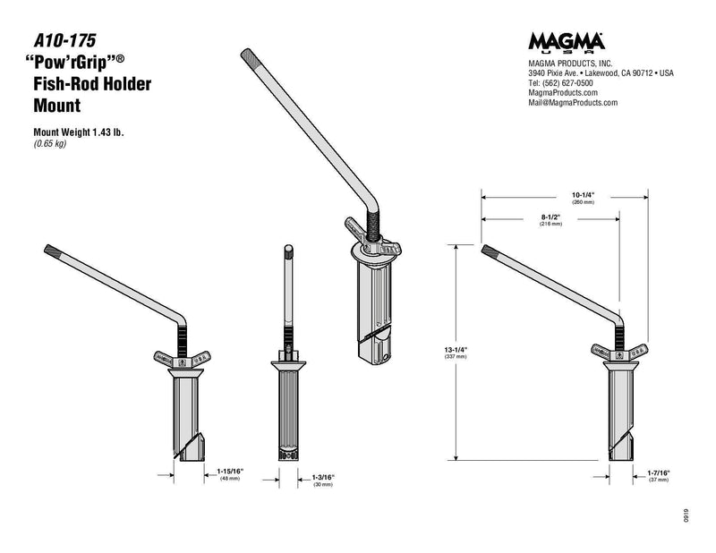 A10-175 Magma Power Grip Rod Holder Mount illustration showing dimensions