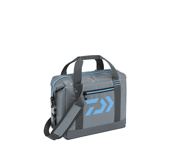 Daiwa Soft Sided Cooler Grey with light blue logo and zippers 12-pack size