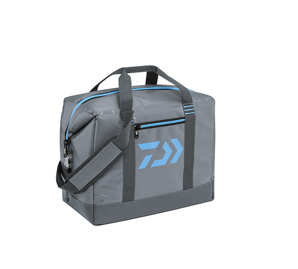Daiwa Soft Sided Cooler Grey with light blue logo and zippers 24-pack size